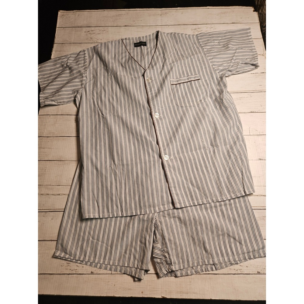 Botany 500 Mens Vintage Pajama Set Large Blue Grey Striped Short Sleeve Shorts